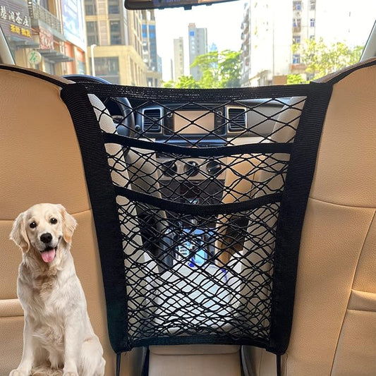 3-Layer Car Mesh Organizer, Seat Back Net Bag, Barrier of Backseat Pet Kids, Cargo Tissue Purse Holder, Driver Storage Netting Pouch（Upgrade Stretch Length）