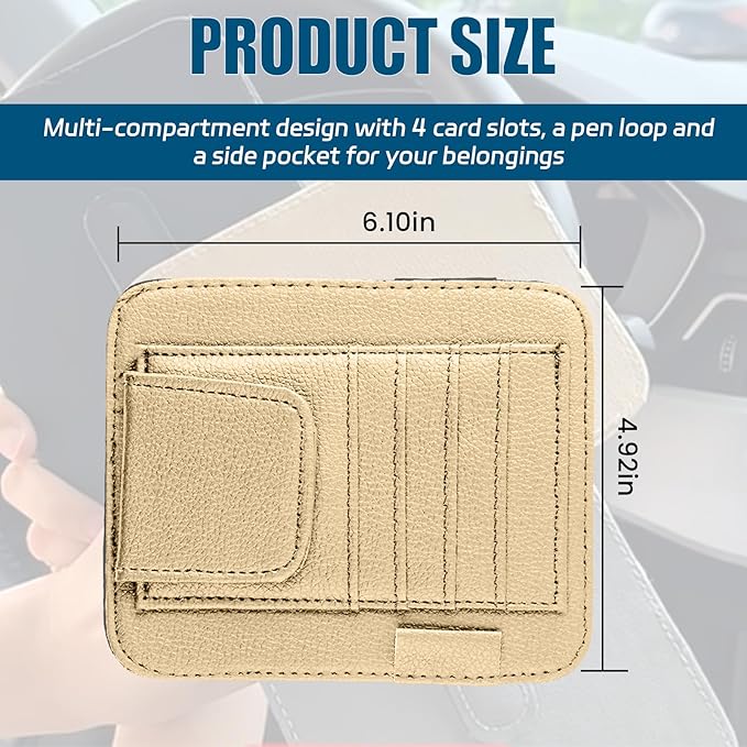 Car Sun Visor Organizer, Multi Pocket Small Vehicle Document Holder for Card Pen, Car Visor Sunglasses Holder, Auto Interior Accessories Pocket Organizer for Car Truck SUV (Beige)