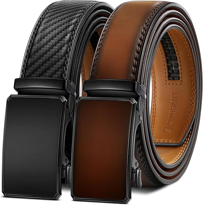 KEMISANT Men Belt 2 Pack, Leather Ratchet Belt Easy Click Slide For Men 1 3/8",Cut for Fit