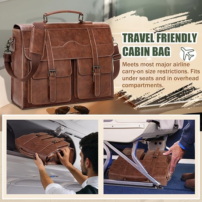 RAINSMORE Mens Messenger Bag 17 Inch Vintage Leather Laptop Briefcase Magnetic Closure Large Satchel Computer Shoulder Bag