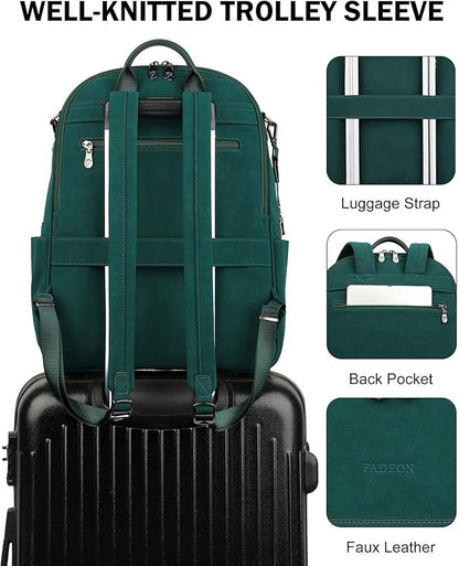 FADEON 15.6 inch Laptop Backpack Purse for Women Designer PU Leather Computer Backpacks Fashion for Work Travel Green