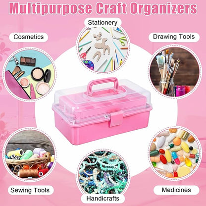 2 Pcs 13 Inch 3-layer Multipurpose Craft Organizers Storage Portable Plastic Tackle Box with Adjustable Spacers and Handled Folding Art Craft Case for Sewing Art Supply Medicine (Pink)