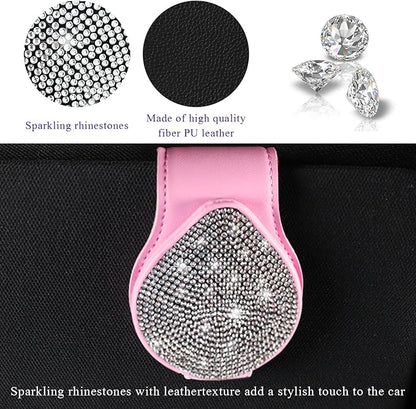 KVAEY Bling Sunglass Holder for Car Visor, Magnetic Leather Visor Clip Glasses Holder with Sparkling Rhinestones, Crystal Visor Ticket Card Clip for Women Girls, Car Accessories (Pink & White)