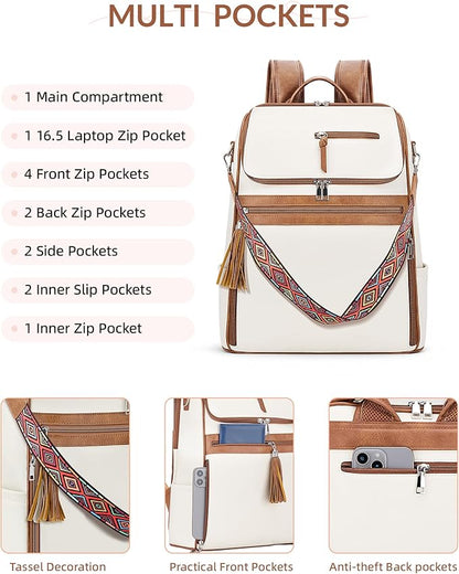 SYTRAH Leather Laptop Backpack for Women Designer Laptop Bag, 16.5 inch Travel Computer Backpacks Purse with Tassel for Work Business with Satchel Purse Beige Brown