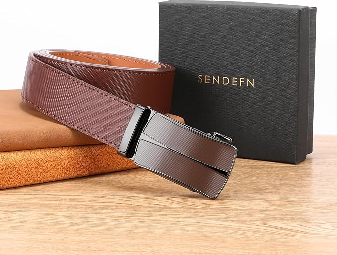 SENDEFN Leather Belt for Men Automatic Ratchet Buckle Slide Dress Casual Belts 1 3/8'' Wide Adjustable Trim to Fit(Black-20)