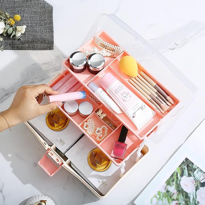 Kinsorcai 12'' Three-Layer Clear Plastic Storage Box/Tool Box, Multipurpose Organizer and Portable Handled Storage Case for Art Craft and Cosmetic (White)