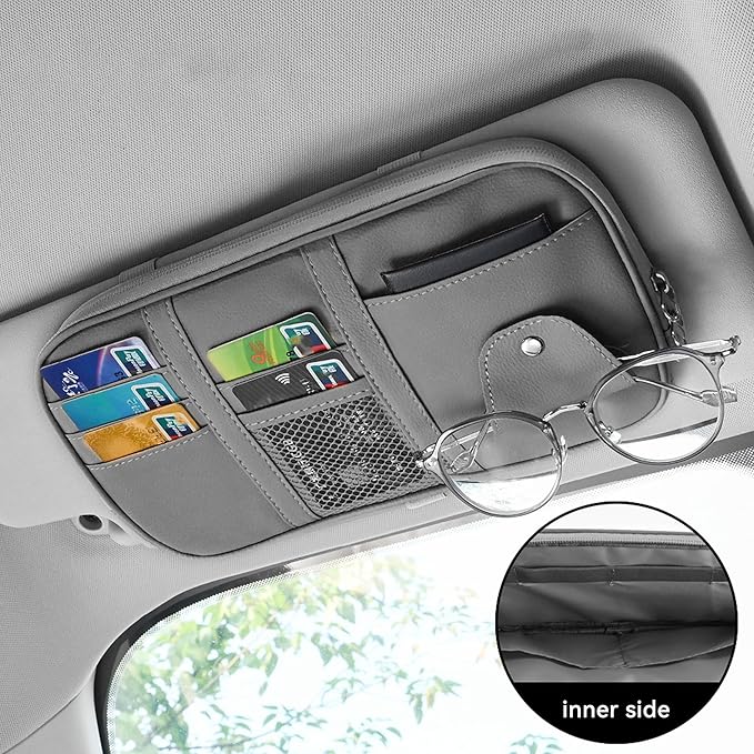 Car Sun Visor Organizer, Sunglass Holder and Storage Pocket, Card Cash Pouch with Multi-Pocket Net Zipper, Case Bag for License Pen Key, Auto Accessories for Truck, SUV, Van (Gray)