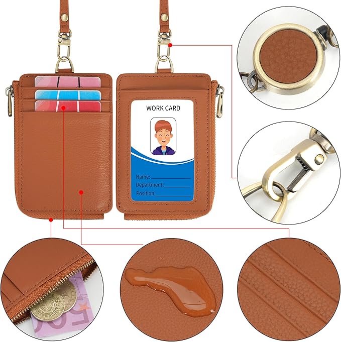 Wason Badge Holder Card Wallet Real Leather with Zipper, Detachable Neck Lanyard, Hand Strap, Retractable Badge Reel, Multi Purpose Case for ID Permit Badge Coin Key Driver's License (Brown)