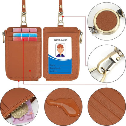 Wason Badge Holder Card Wallet Real Leather with Zipper, Detachable Neck Lanyard, Hand Strap, Retractable Badge Reel, Multi Purpose Case for ID Permit Badge Coin Key Driver's License (Brown)