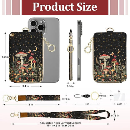 Lanyard Wallet with ID Badge Holder, Mushroom Butterfly Lanyard with ID Holder Zipper, RFID Card Holder for Women, Detachable Neck Lanyard Wrist Strap with Keychain for Nurse Doctor Teacher Gifts