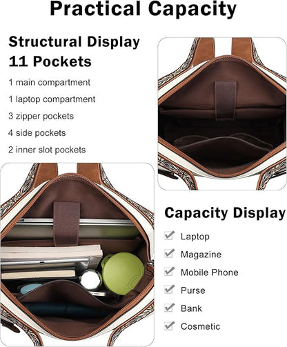 FADEON Leather Laptop Backpack for Women, Designer Ladies Work Travel Computer Backpack with Laptop Compartment Purse White