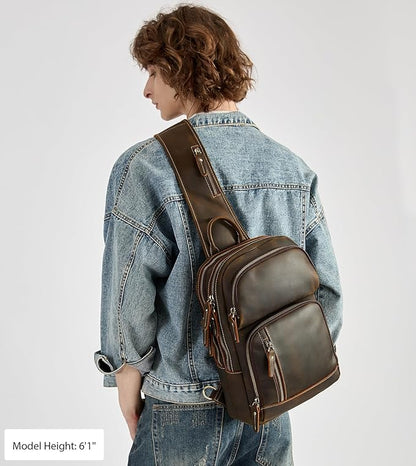 LANNSYNE Full Grain Leather Sling Bag For Men, Crossbody Bag fits 12.9" iPad Crossbody Chest Daypack