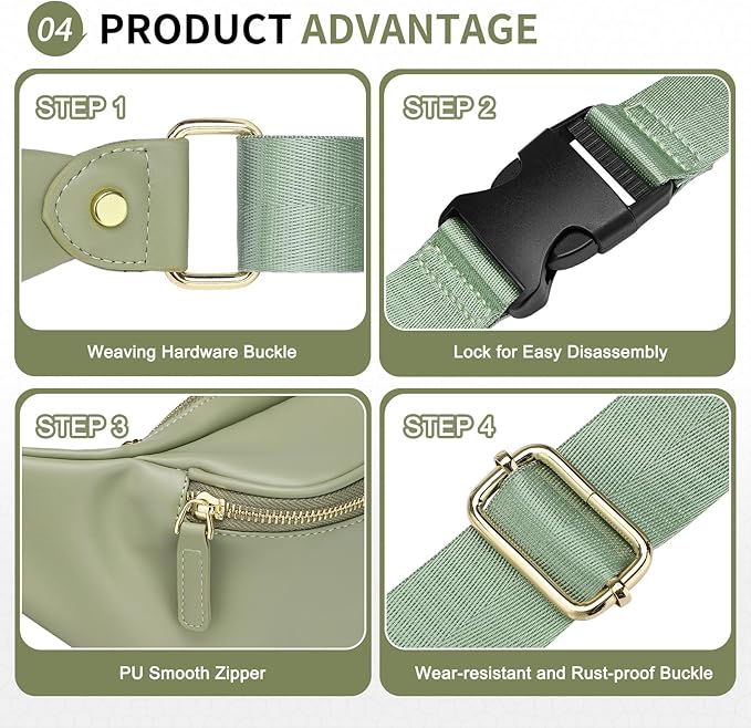 Faux Leather Belt Bag for Women, Crossbody Fanny Pack with Adjustable Strap, Back Zipper Pocket, Large Capacity Waist Pack for Travel, Concerts, Green