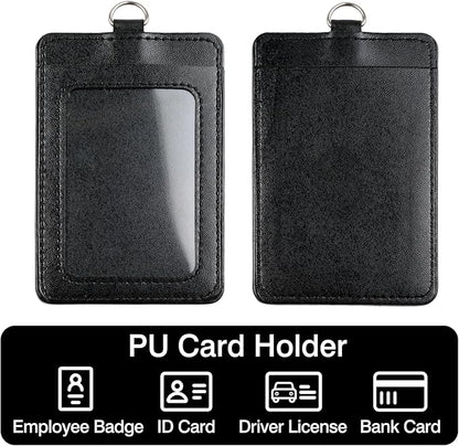 2-Pack PU Leather Vertical ID Badge Holders with Heavy Duty Retractable Reel Clips – Clear Window & 2 Card Slots (Black)