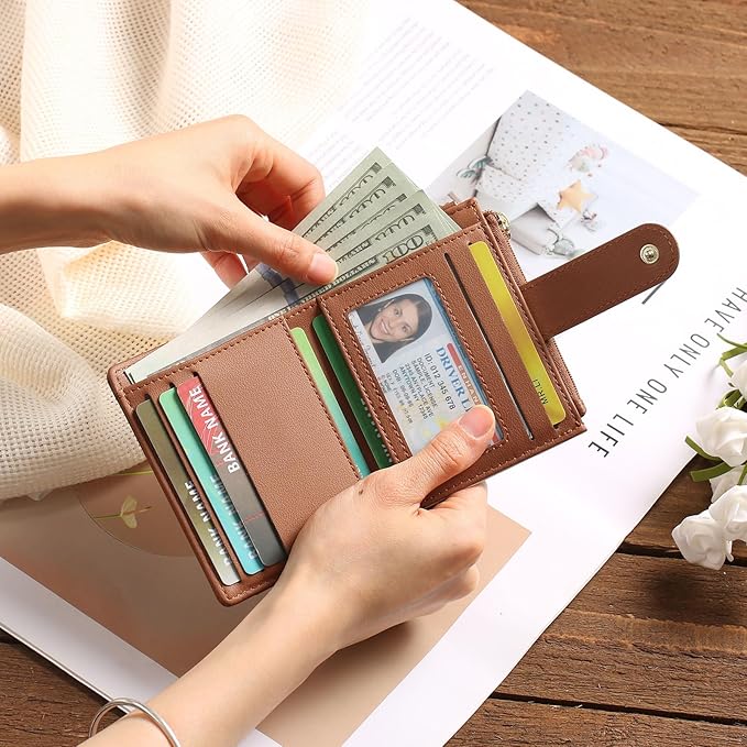 GAEKEAO Slim Wallet for Women, RFID Blocking Credit Card Holder Bifold Wallet with Zipper Coin Pocket, ID Window