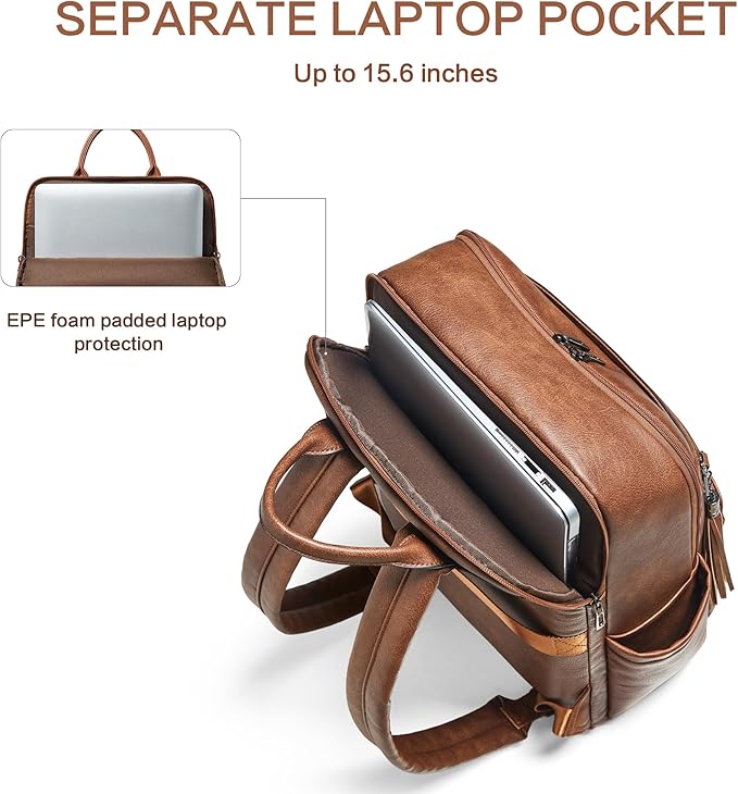 Leather Laptop Backpack for Women,Leather Backpack with Laptop Compartment Fit 15.6 inch Laptops,Carry-on Travel Backpacks,Casual Daypack for Work Business Weekender College,Brown
