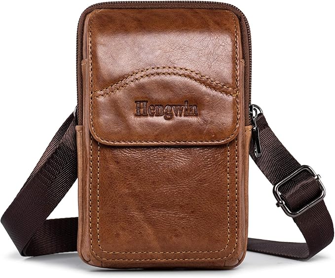 Hengwin Leather Cell Phone Holster Fit for iPhone 17 Pro Max 16 Pro Max 15 Pro Max 14 Pro Max Samsung Galaxy S25 Ultra S24/S23 Ultra Belt Pouch Shoulder Bag Crossbody Purse Case with Belt Clip (Brown)
