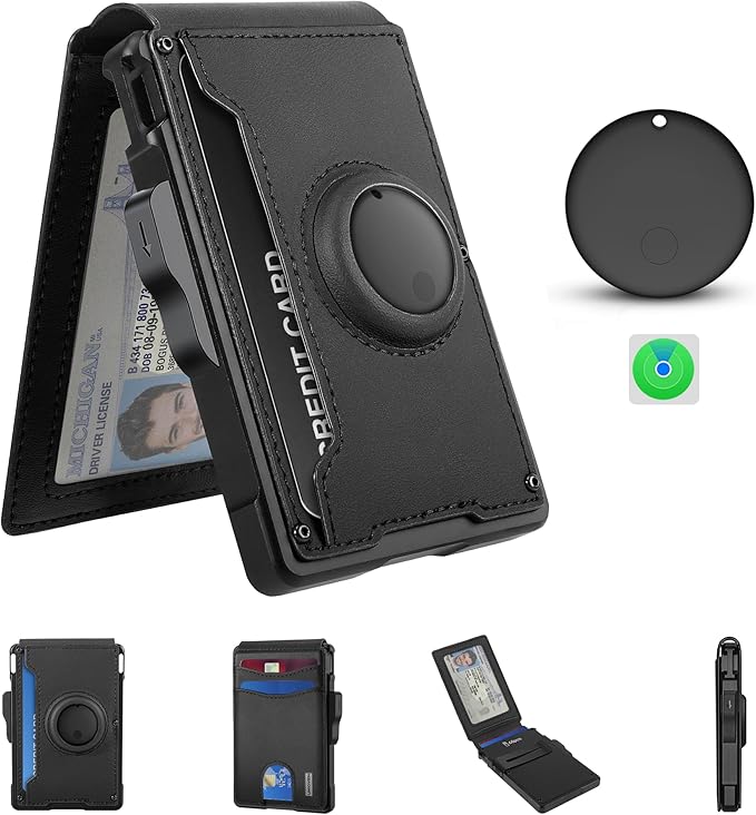 umoven Wallet for Men with AirTag(iOS Only), Mens Metal Wallet Minimalist with Money Clip & ID Window, Slim Leather Slots RFID Blocking Bifold Wallet,Smart Pop Up Credit Card Holder Wallet (Black)