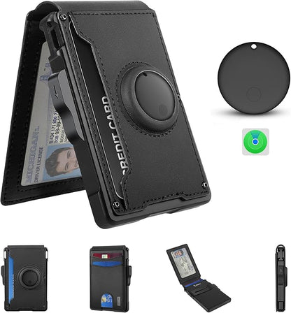 umoven Wallet for Men with AirTag(iOS Only), Mens Metal Wallet Minimalist with Money Clip & ID Window, Slim Leather Slots RFID Blocking Bifold Wallet,Smart Pop Up Credit Card Holder Wallet (Black)