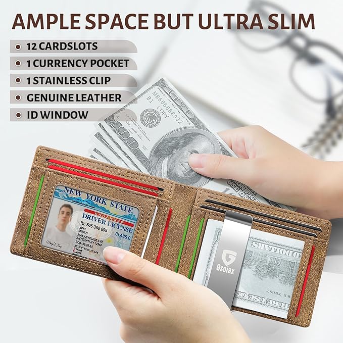 GSOIAX Slim Leather RFID Bifold Wallet for Men Minimalist Front Pocket Wallet with Money Clip,12 Card Slots,ID Window,Cool Groove Design,Includes Gift Box (Retro Brown)
