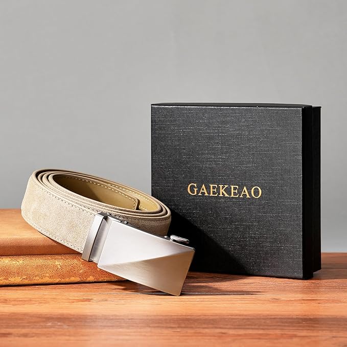 GAEKEAO Men's Belt Suede Leather Ratchet Belt for Men Micro-Adjustable Buckle for Dress, Casual & Everyday Wear, Trim to Fit