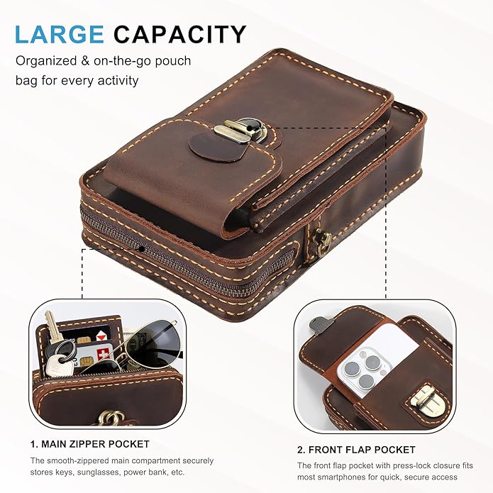Handmade Genuine Leather Crossbody Phone Bag, Small Belt Pouch with Card Slots, Slim Phone Holster Case for Men & Women