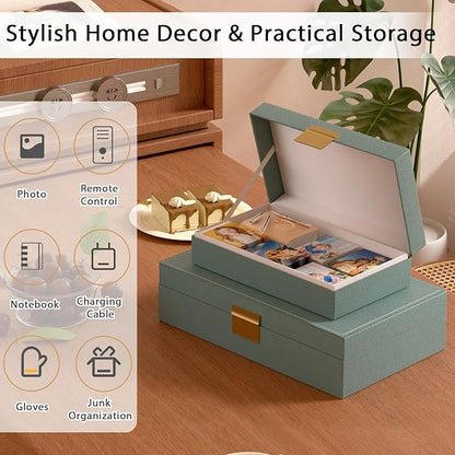Decorative Storage Boxes Set of 2 - Multi-Purpose Beautiful PU Leather Organizer Bins for Your Home Decor - Decorative Containers with Lids Store Photos, Documents, Memory Box Keepsakes (Green)