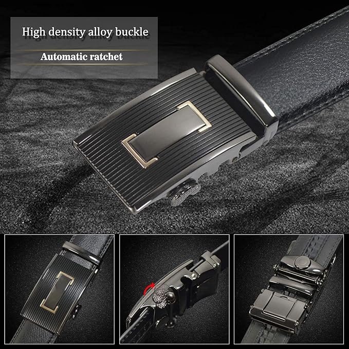 JINIU Men's Ratchet Belt Buckle, Black Genuine Leather Slide Belt for Men Dress Suit, Micro Adjustable Trim to Fit Boxed