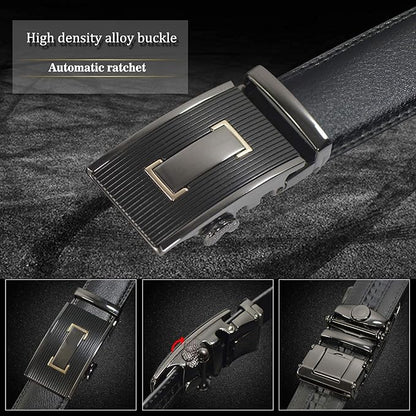 JINIU Men's Ratchet Belt Buckle, Black Genuine Leather Slide Belt for Men Dress Suit, Micro Adjustable Trim to Fit Boxed