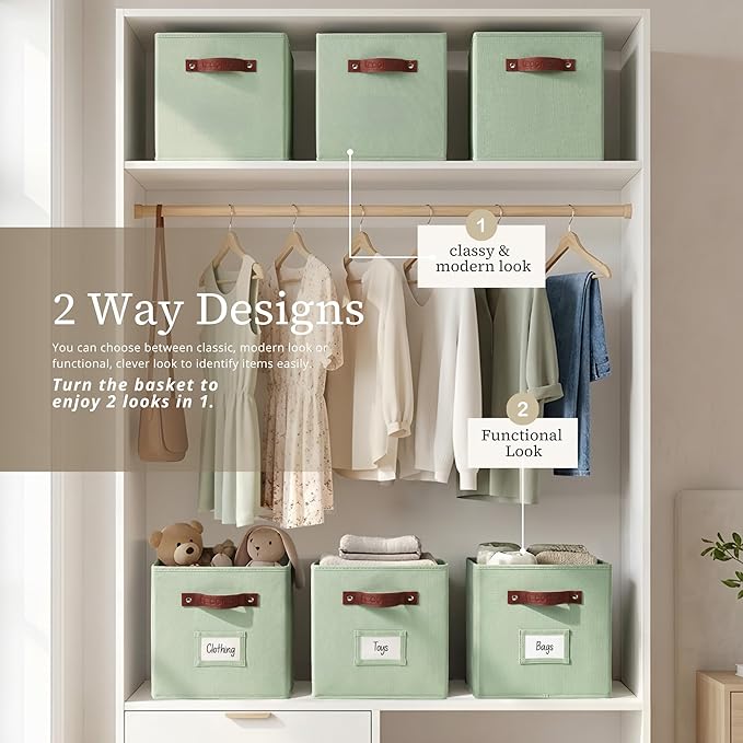 DECOMOMO Storage Bins, Cube Storage Bin with Labels, Fabric Storage Cubes for Shelves (10.5" x 11" / 2pcs, Sage Green)