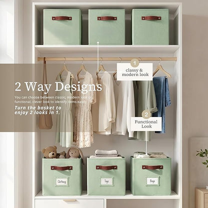 DECOMOMO Storage Baskets, 13x15x13 Storage Cube Bins with Labels for Organizing Shelves Kallax (Kallax / 4pcs, Sage Green)