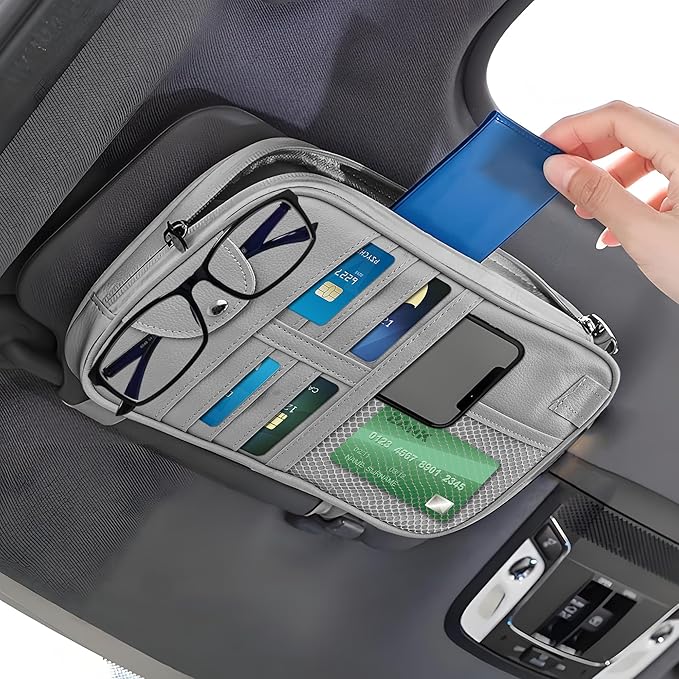 Upgrade Car Visor Organizer,Multipurpose Car Sun Visor Organizer with Sunglasses Holder for Car Storage Bank Cards,Driver's License,PU Leather Truck Visor Organizer for Most Vehicles (Grey)