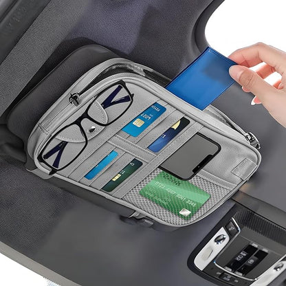 Upgrade Car Visor Organizer,Multipurpose Car Sun Visor Organizer with Sunglasses Holder for Car Storage Bank Cards,Driver's License,PU Leather Truck Visor Organizer for Most Vehicles (Grey)