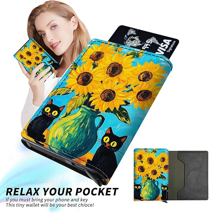 Minimalist Wallet for Men's Card Holders, Pop-Up Card Case Wallets for Women, Leather Automatic Credit Card Holder with Metal Money Clip RFID Blocking Bifold Pocket, Sunflower Black Cat