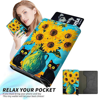 Minimalist Wallet for Men's Card Holders, Pop-Up Card Case Wallets for Women, Leather Automatic Credit Card Holder with Metal Money Clip RFID Blocking Bifold Pocket, Sunflower Black Cat