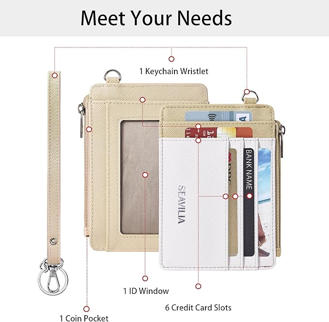 SEAVILIA Small Wallet for Women Slim Wristlet Keychain Wallets RFID Credit Card Holder With Zipper Pocket, ID Window (Beige＆Apricot)