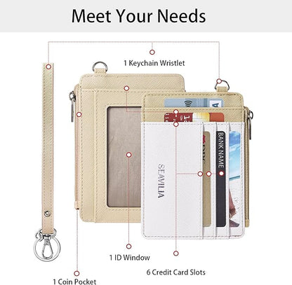 SEAVILIA Small Wallet for Women Slim Wristlet Keychain Wallets RFID Credit Card Holder With Zipper Pocket, ID Window (Beige＆Apricot)