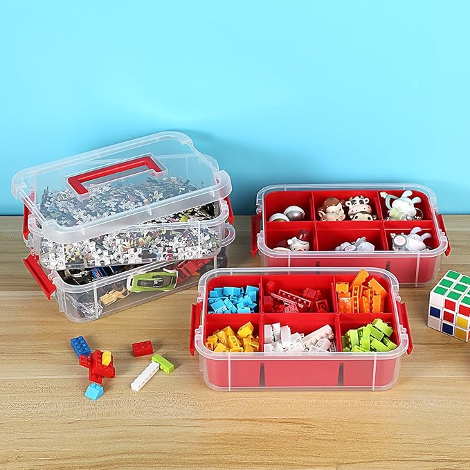 JUXYES 4-Tiers Stack Carry Storage Box With 2 Divided Tray, Transparent Stackable Storage Bin With Handle Lid Latching Storage Container for School & Office Supplies, Red