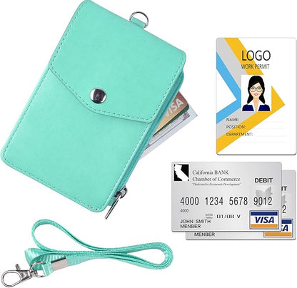 Teskyer Badge Holder with Side Zip Pocket, Multiple Card Slots Leather ID Holder Wallet with Neck Lanyard for Office Staffs, Teachers/Students, Couriers, Workers, Cyan