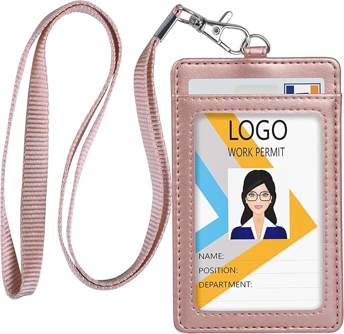 Teskyer Lanyards for ID Badges, Leather ID Badge Holder for Work School IDs, Cruise Ship Cards, Hotel Key Cards, Pass Cards - Rose Gold