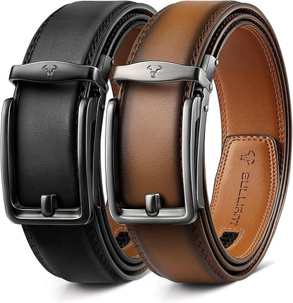 BULLIANT Men Ratchet Belt 2 Pack, Click Sliding Leather Belt Adjustable for Gift Men Dress Casual Jeans 1 3/8,Cut for Fit