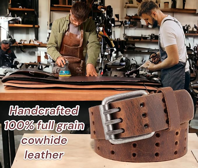 F&L CLASSIC Men's Genuine full grain leather belt heavy duty, work or casual belts for jeans, triple Prong buckle,1.5” wide,