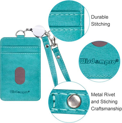 Wisdompro Badge Holder with Wrist Lanyard, 2-Sided PU Leather ID Card Holder Wallet Case with Wristlet Strap and Retractable Reel, Easy Swipe for Work, School, Metro and Access Card - Teal