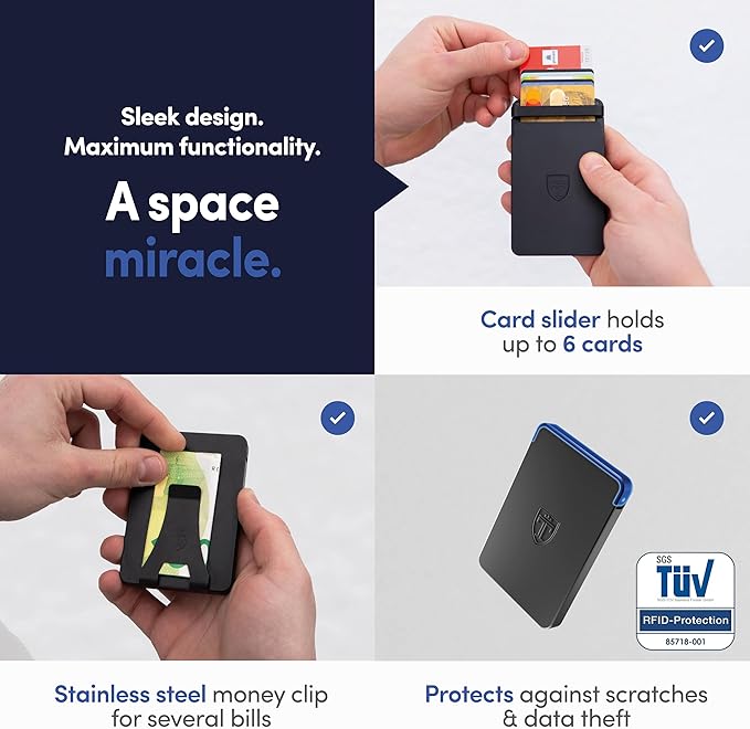 TRAVANDO SLYDE Aluminum Card Holder - RFID Blocking Slim Wallet for Men with Money Clip – Holds Up to 6 Cards – RFID Protected Credit Card Mens Wallet (5-6 Cards)
