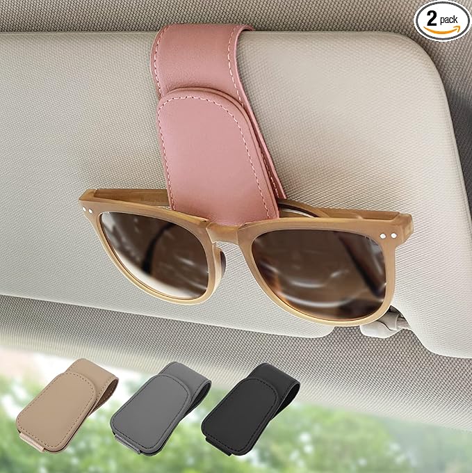 2 Pack Magnetic Leather Sunglass Holder, Eyeglass Hanger Clip for Car Sun Visor, Suitable for Different Size Eyeglasses(Pink, 2 Pack)