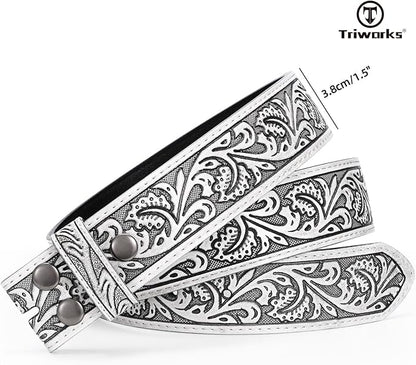TRIWORKS Western Belt Strap for Men without Buckle 1.5" Wide Floral Engraved Embossed Leather Belt Strap