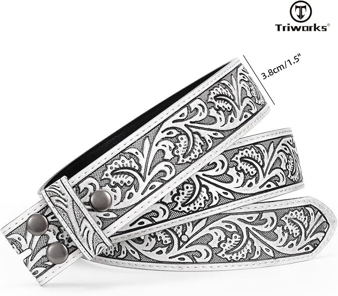 TRIWORKS Western Belt Strap for Men without Buckle 1.5" Wide Floral Engraved Embossed Leather Belt Strap