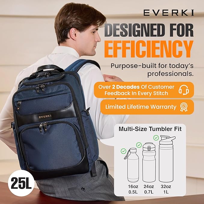 EVERKI Onyx 25L Business Laptop Backpack - Professional Travel Backpack for Men & Women, Laptop Bag with Premium Leather Ballistic & Nylon, Office & Flight Approved, Fits Laptops up to 15.6” - Navy