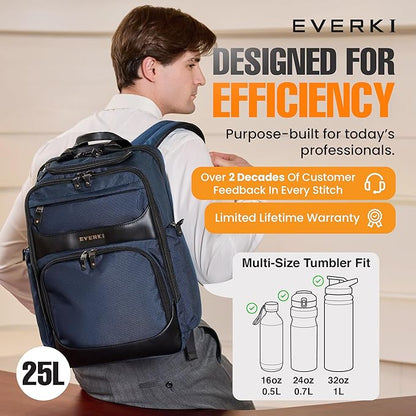 EVERKI Onyx 25L Business Laptop Backpack - Professional Travel Backpack for Men & Women, Laptop Bag with Premium Leather Ballistic & Nylon, Office & Flight Approved, Fits Laptops up to 15.6” - Navy
