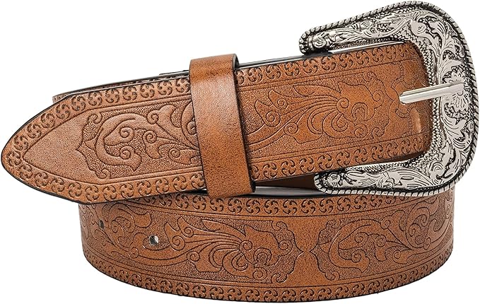 INOGIH Adjustable-Vintage-Western-Cowboy-Belt Women Men - Cowboy-Style Engraved-Buckle Belt for Jeans Pants Dresses